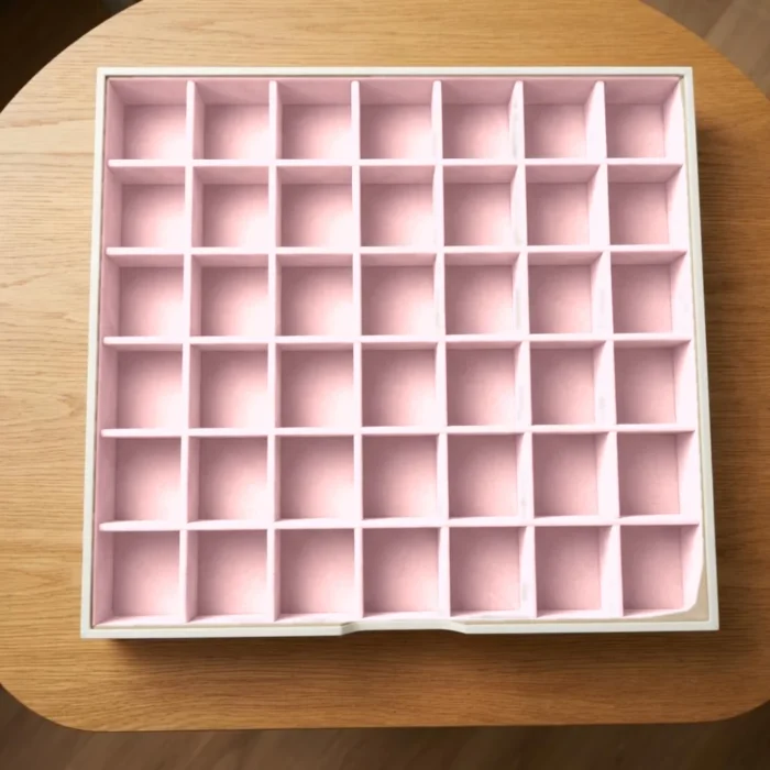 Multi-compartment tray – 42 compartments in blush pink velvet – Blush Pink jewellery safe drawer design | Jewelry safe Abu Dhabi & Dubai