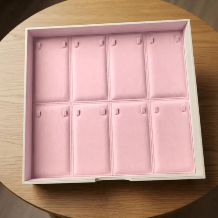 Pendant & necklace tray – 8 panels in blush pink velvet – Blush Pink jewellery safe drawer design | Jewelry safe Abu Dhabi & Dubai