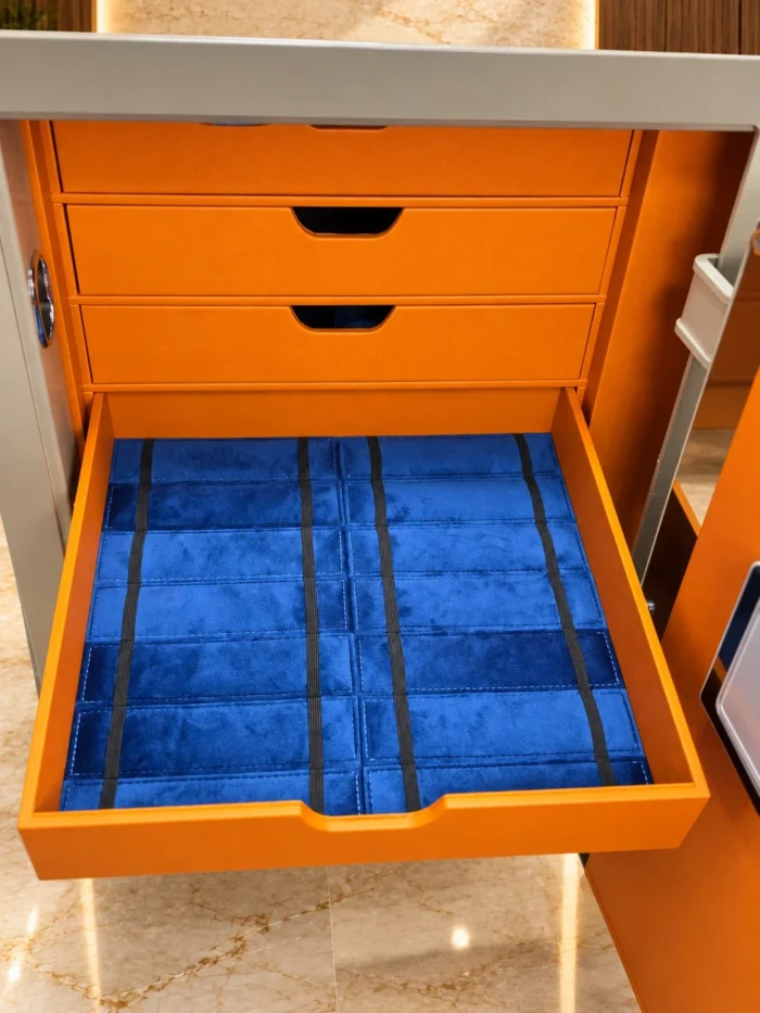 Bracelet and watch strap drawer with elastic holders in royal blue velvet – Taupe & Orange jewellery safe | Jewelry safe Dubai