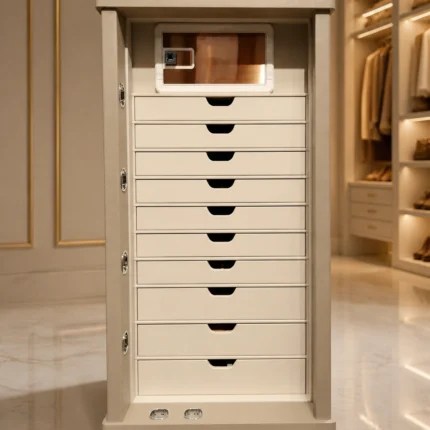 Champagne Beige Jewellery Safe 10 Drawers Champagne Beige steel jewellery safe with 10 cream drawers and glass-front inner locker in a luxury dressing room – Jewellery safe Abu Dhabi & Dubai | Safe World UAE