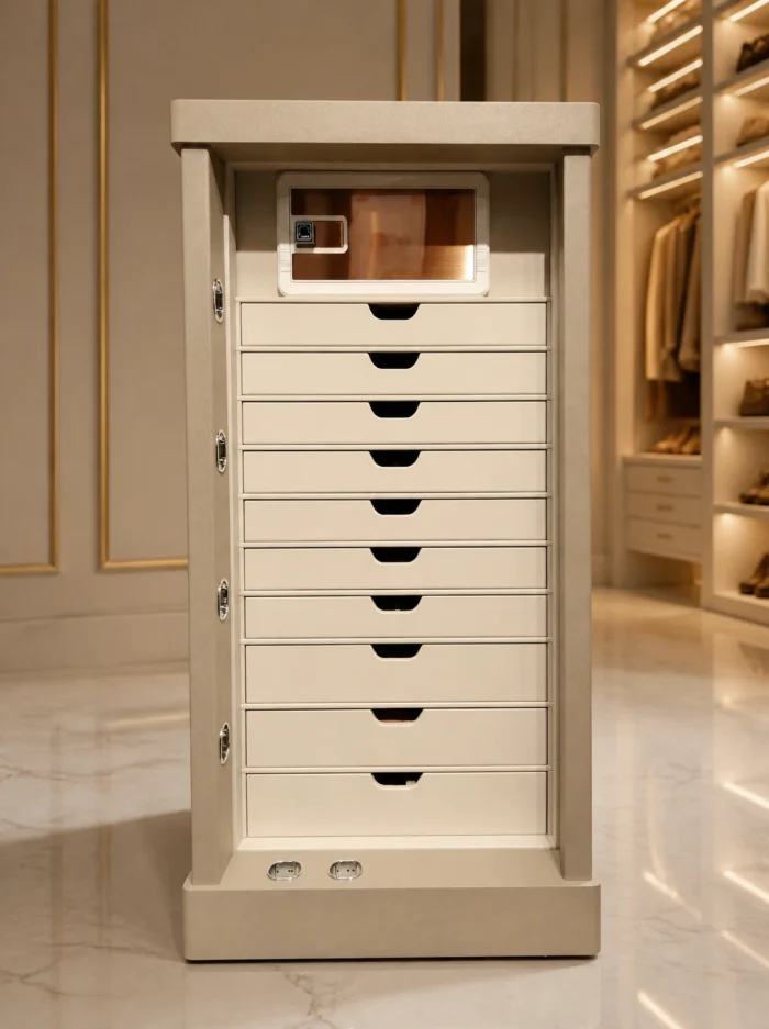 Champagne Beige steel jewellery safe with 10 cream drawers and glass-front inner locker in a luxury dressing room – Jewellery safe Abu Dhabi & Dubai | Safe World UAE