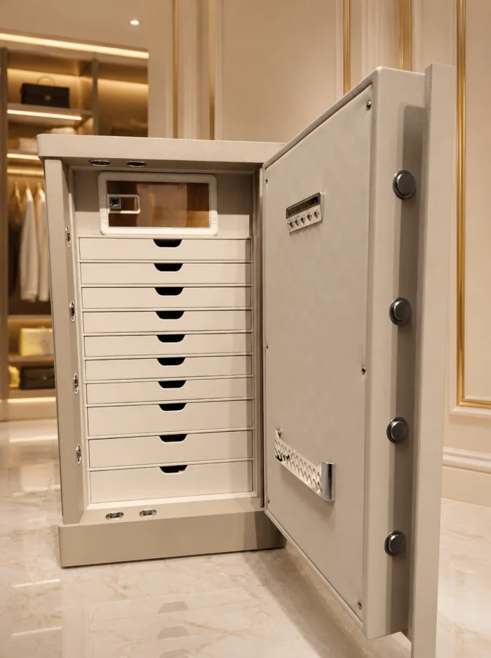 Champagne Beige jewellery safe with heavy door open showing 10 drawers and inner locker – Jewelry safe UAE