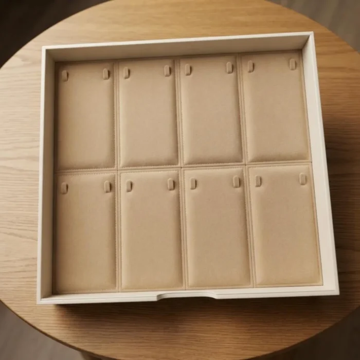Champagne Gold Jewellery Safe – Pendant & necklace tray – 8 panels Drawer Design Pendant & necklace tray – 8 panels in champagne beige velvet – Champagne Gold jewellery safe drawer design | Jewelry safe Abu Dhabi & Dubai