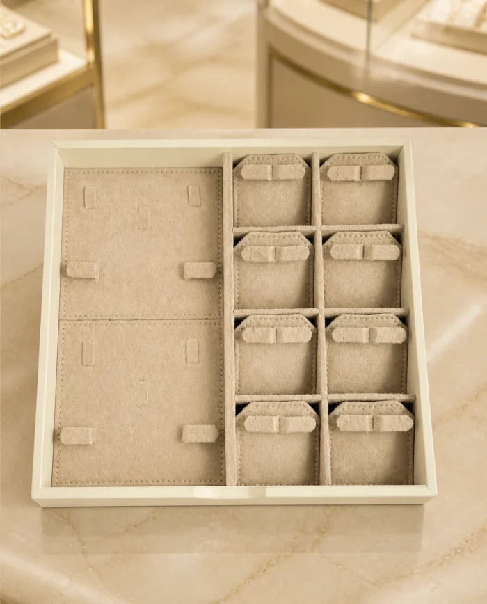 Earring panel and ring holder compartments drawer in beige suede – Ivory Cream jewellery safe | Jewelry safe Dubai & Abu Dhabi