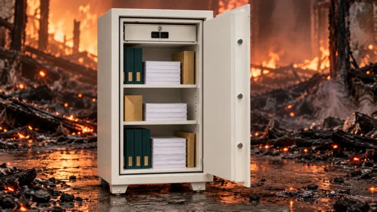 Fire resistant safe with paper documents and files kept safe inside after a fire – Safe World UAE