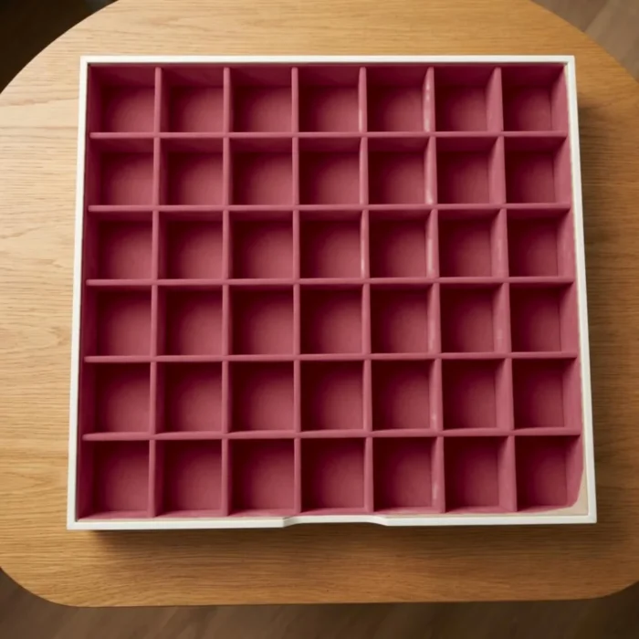 Ivory & Burgundy Jewellery Safe – Multi-compartment tray – 42 compartments Drawer Design Multi-compartment tray – 42 compartments in burgundy velvet – Ivory & Burgundy jewellery safe drawer design | Jewelry safe Abu Dhabi & Dubai