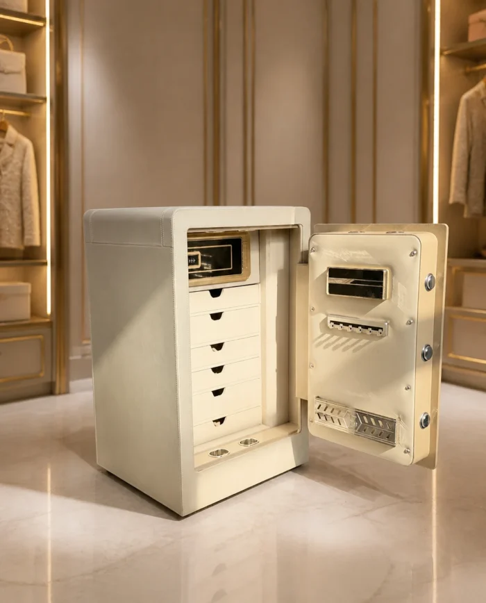 Ivory Cream full-leather luxury jewellery safe with 6 leather drawers and inner locker in a luxury dressing room – Jewellery safe Abu Dhabi & Dubai | Safe World UAE