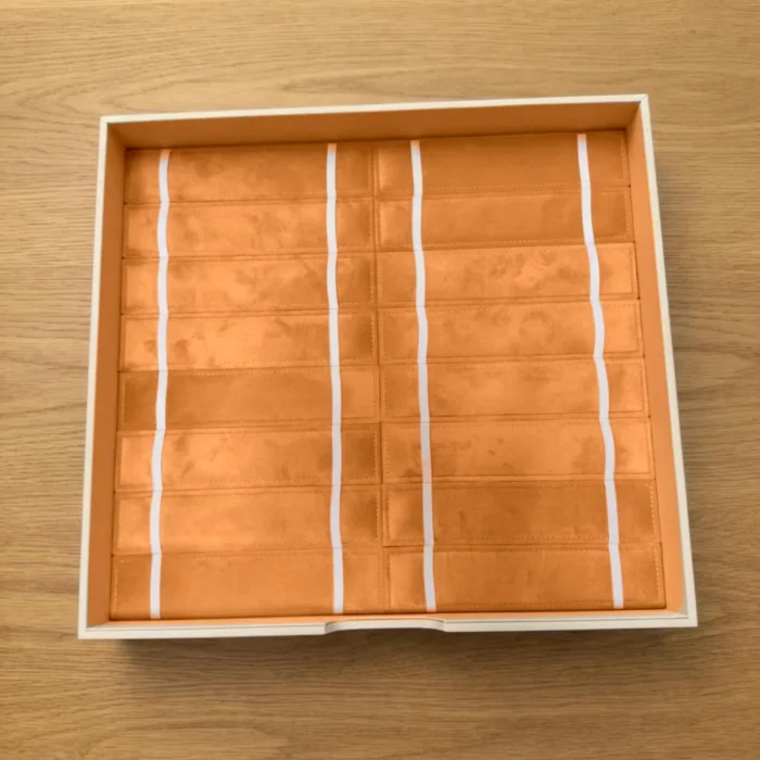 Bracelet & watch strap tray with elastic holders in orange velvet – Ivory & Orange jewellery safe drawer design | Jewelry safe Abu Dhabi & Dubai