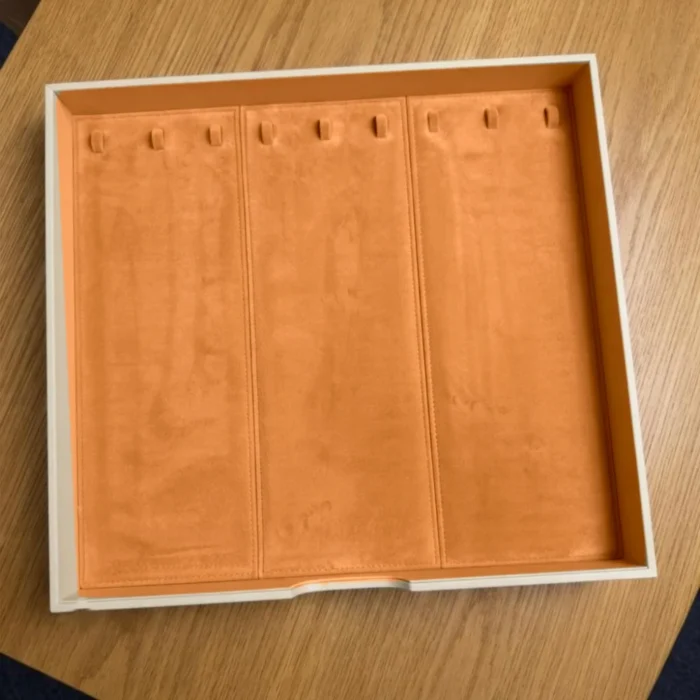 Long necklace hanging tray – 3 panels in orange velvet – Ivory & Orange jewellery safe drawer design | Jewelry safe Abu Dhabi & Dubai