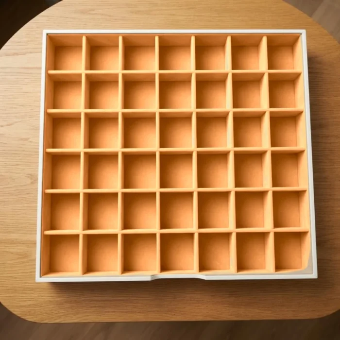Multi-compartment tray – 42 compartments in orange velvet – Ivory & Orange jewellery safe drawer design | Jewelry safe Abu Dhabi & Dubai