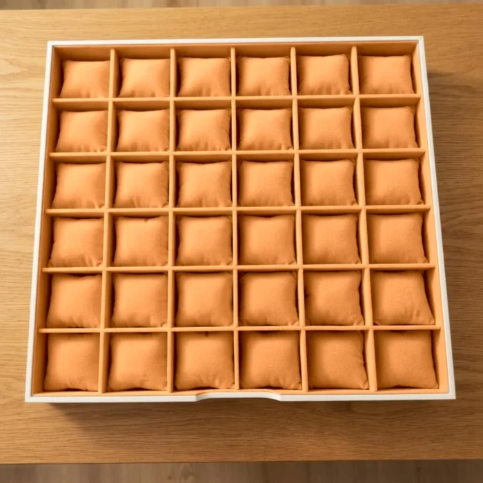 Watch pillow tray – 36 slots in orange velvet – Ivory & Orange jewellery safe drawer design | Jewelry safe Abu Dhabi & Dubai