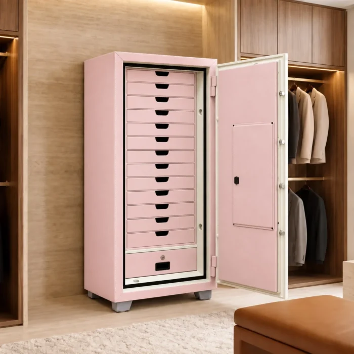Blush Pink luxury jewellery safe with 13 leather drawers – Safe World UAE Abu Dhabi