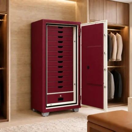 Burgundy luxury jewellery safe with 13 leather drawers – Safe World UAE Abu Dhabi