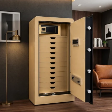 Champagne Gold Jewellery Safe 11 Drawers Champagne Gold luxury jewellery safe with 11 leather drawers – Safe World UAE Abu Dhabi