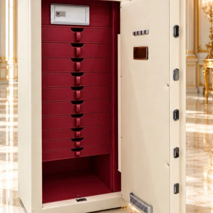 Ivory & Burgundy luxury jewellery safe with 10 leather drawers – Safe World UAE Abu Dhabi