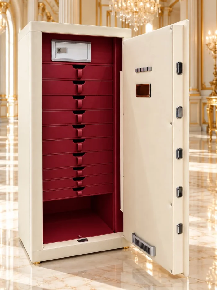 Ivory & Burgundy Jewellery Safe 10 Drawers Ivory & Burgundy luxury jewellery safe with 10 leather drawers – Safe World UAE Abu Dhabi
