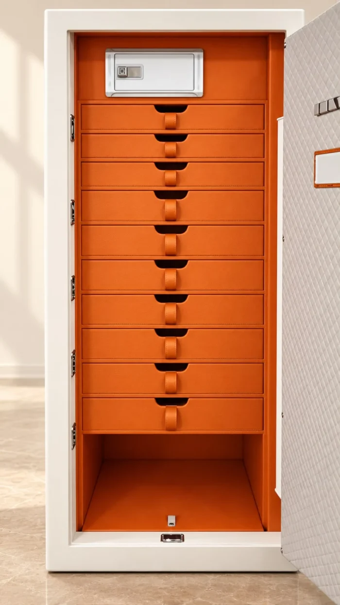 Ivory & Orange luxury jewellery safe with 10 leather drawers – view 3 – Safe World UAE Abu Dhabi