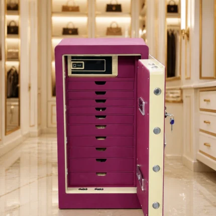 Magenta pink leather jewellery safe with 10 drawers and inner locker in a luxury dressing room – Jewellery safe Abu Dhabi & Dubai | Safe World UAE