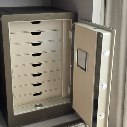 Mocha Brown & Cream luxury jewellery safe with 8 cream drawers installed in a wardrobe – Jewellery safe Abu Dhabi & Dubai | Safe World UAE