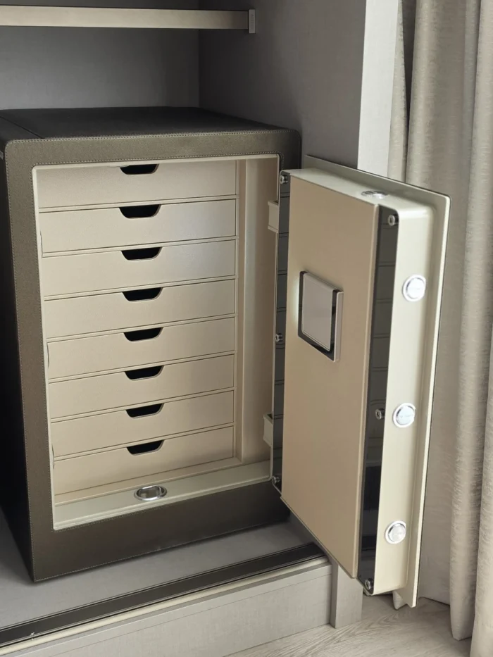 Mocha Brown & Cream Jewellery Safe 8 Drawers Mocha Brown & Cream luxury jewellery safe with 8 cream drawers installed in a wardrobe – Jewellery safe Abu Dhabi & Dubai | Safe World UAE