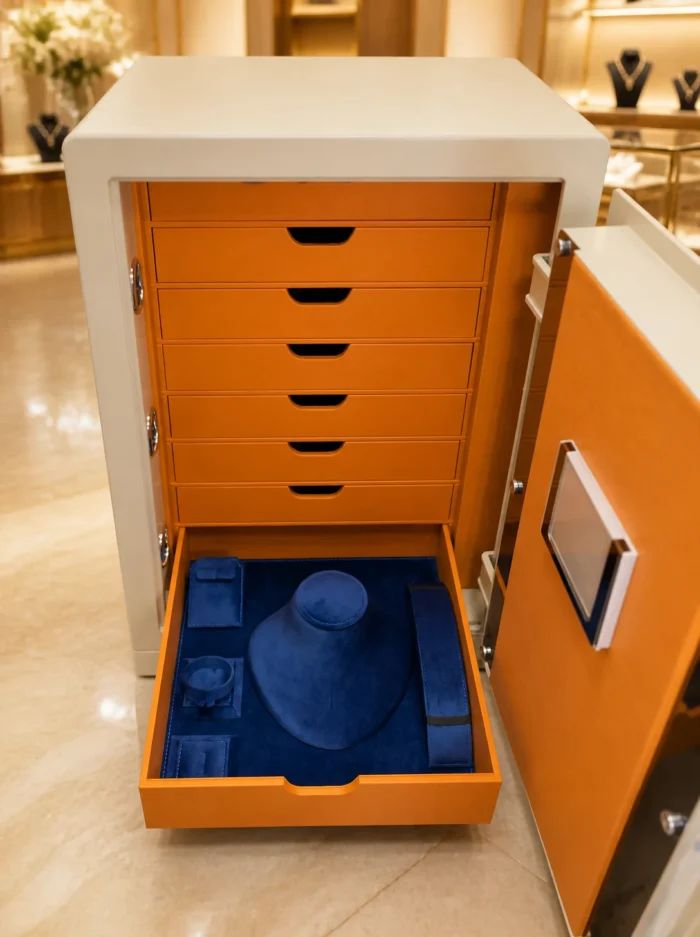 Necklace bust, ring and bracelet display drawer in royal blue velvet – Taupe & Orange jewellery safe | Jewelry safe Abu Dhabi & Dubai