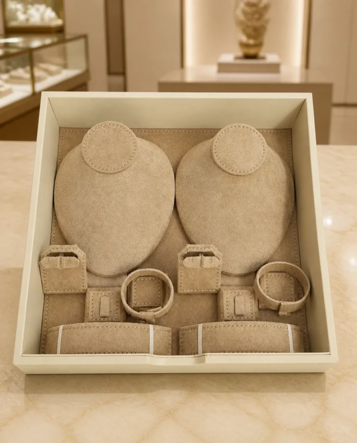 Necklace bust, ring and bracelet display drawer in beige suede – Ivory Cream jewellery safe | Luxury jewellery safe Abu Dhabi