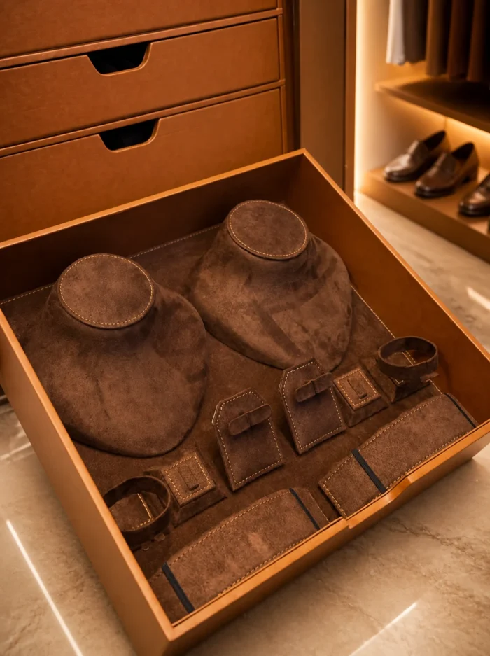 Necklace bust, ring and bracelet display drawer in brown suede – Saddle Tan jewellery safe | Luxury jewellery safe Dubai