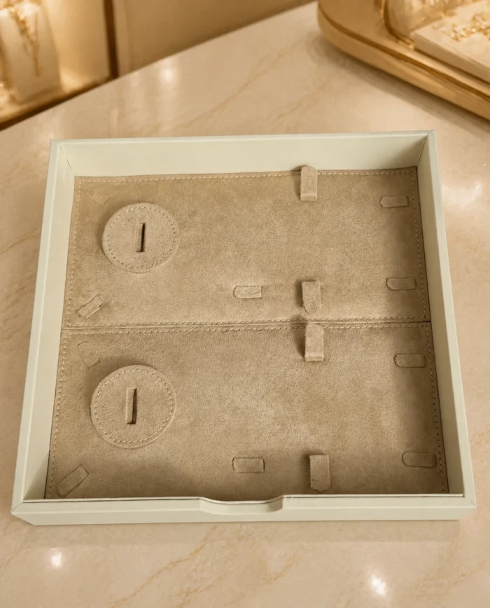 Pendant and necklace panel drawer in beige suede – Ivory Cream jewellery safe drawer design | Jewelry safe Abu Dhabi