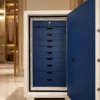 Royal Blue jewellery safe with white body and 10 blue leather drawers in a luxury dressing room – Jewellery safe Abu Dhabi & Dubai | Safe World UAE