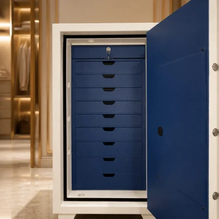 Royal Blue jewellery safe with white body and 10 blue leather drawers in a luxury dressing room – Jewellery safe Abu Dhabi & Dubai | Safe World UAE