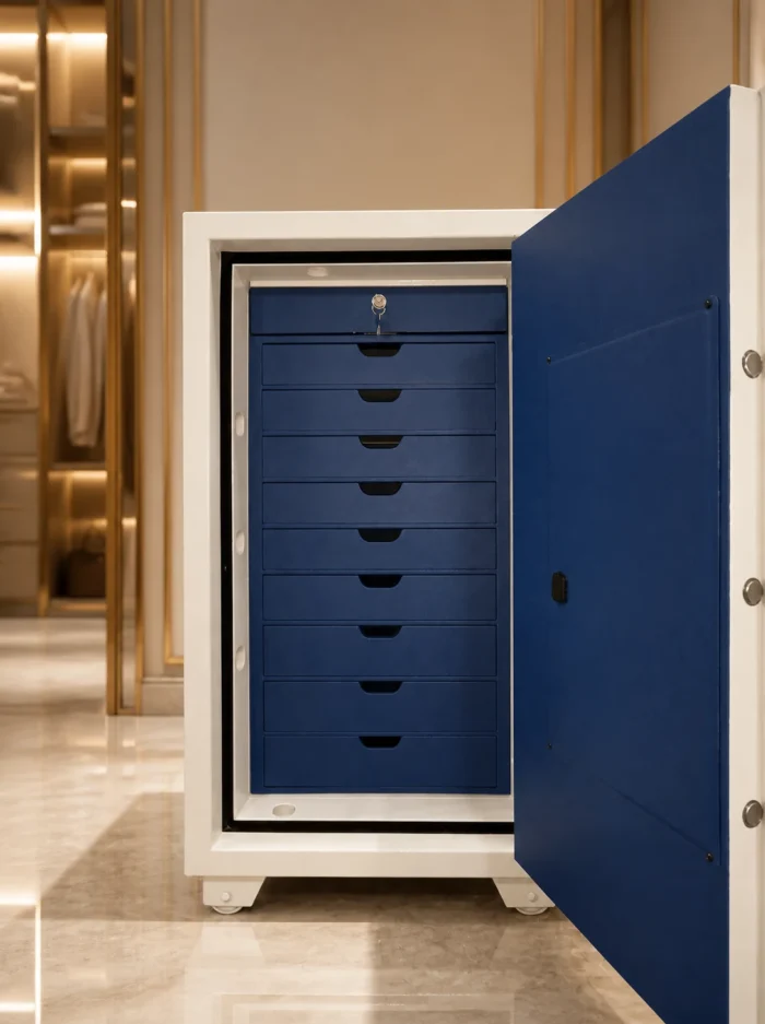 Royal Blue jewellery safe with white body and 10 blue leather drawers in a luxury dressing room – Jewellery safe Abu Dhabi & Dubai | Safe World UAE