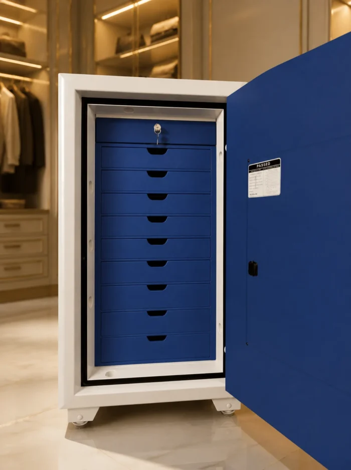 Royal Blue jewellery safe interior with lockable top drawer and 9 blue drawers – Luxury jewellery safe Dubai & Abu Dhabi