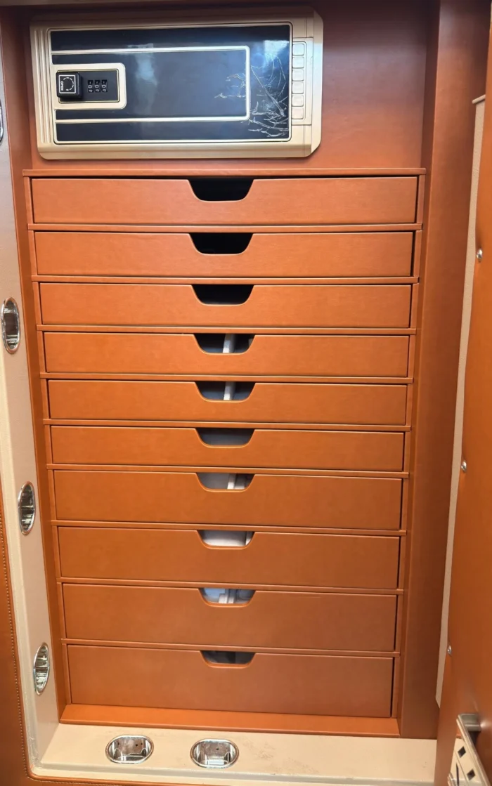 Saddle Tan jewellery safe interior – 10 leather drawers and inner security locker with combination lock | Jewelry safe Abu Dhabi