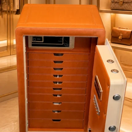 Saddle Tan full-leather luxury jewellery safe with 10 leather drawers in a luxury dressing room – Jewellery safe Abu Dhabi & Dubai | Safe World UAE