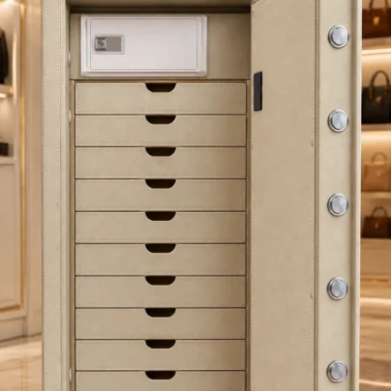 Sand Beige leather jewellery safe with 10 drawers and inner locker in a luxury dressing room – Jewellery safe Abu Dhabi & Dubai | Safe World UAE