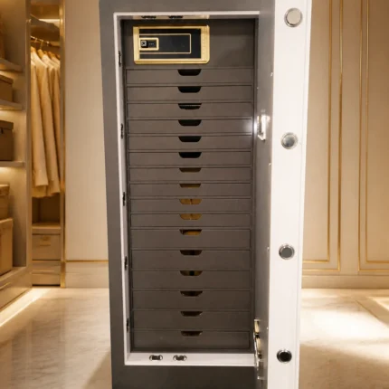 Stone Grey leather jewellery safe with 16 drawers and inner locker in a luxury dressing room – Large jewellery safe Abu Dhabi & Dubai | Safe World UAE
