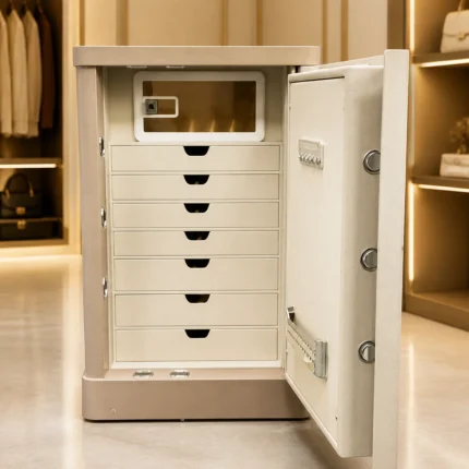 SW-80X Cream Jewellery Safe – 7 Drawers Open SW-80X cream jewellery safe with 7 drawers open in a luxury dressing room – 80 x 50 x 45 cm jewelry safe Abu Dhabi & Dubai | Safe World UAE