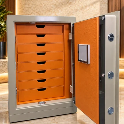Taupe & Orange luxury jewellery safe with 8 orange leather drawers and royal blue velvet trays – Jewellery safe Abu Dhabi & Dubai | Safe World UAE
