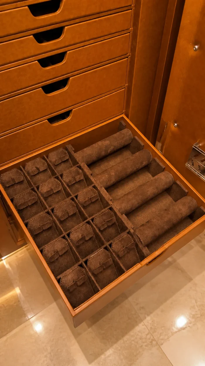Watch cushion and ring roll drawer in brown suede – Saddle Tan jewellery safe drawer design | Jewelry safe Abu Dhabi & Dubai